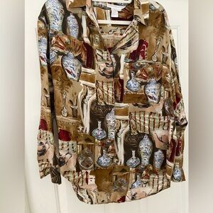 Silk vintage blouse with painted vases